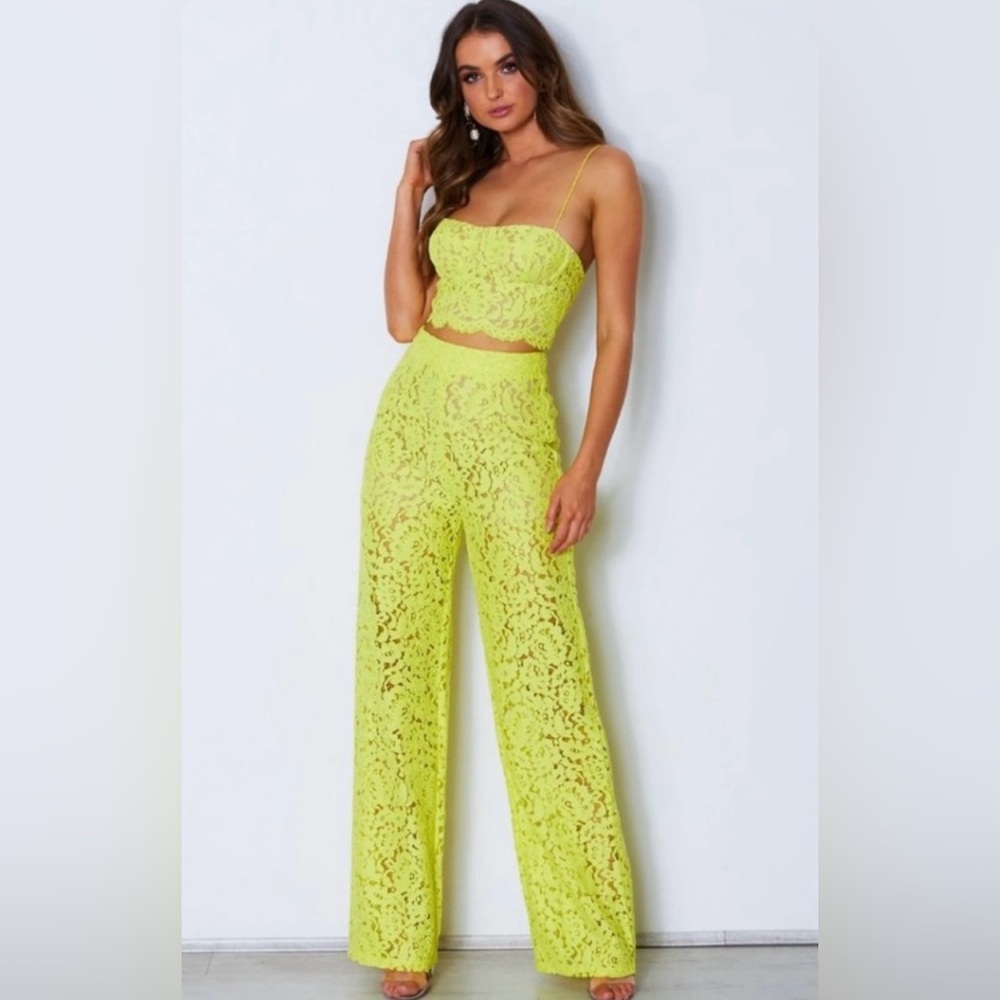 White Fox Boutique Neon Yellow Lace Wide Leg Jumpsuit Set